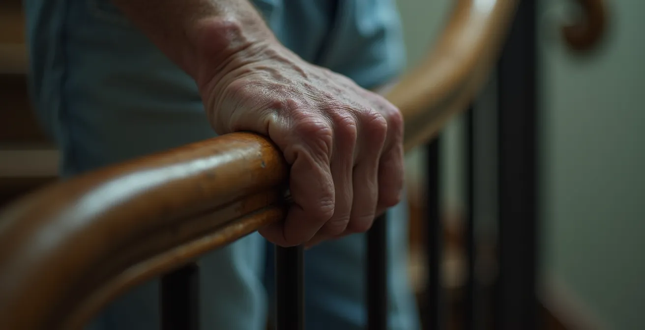 Gros plan sur une main âgée agrippant fermement une rampe d'escalier