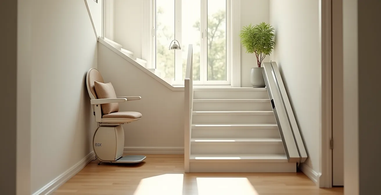 Vue d'intérieur lumineuse d'une maison avec un fauteuil monte-escalier installé sur un escalier moderne