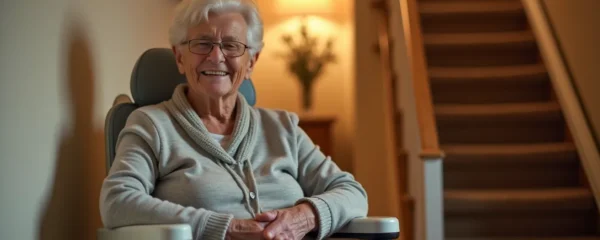 Personne âgée souriante assise dans un fauteuil monte-escalier à l'intérieur d'une maison chaleureuse