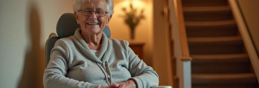 Personne âgée souriante assise dans un fauteuil monte-escalier à l'intérieur d'une maison chaleureuse