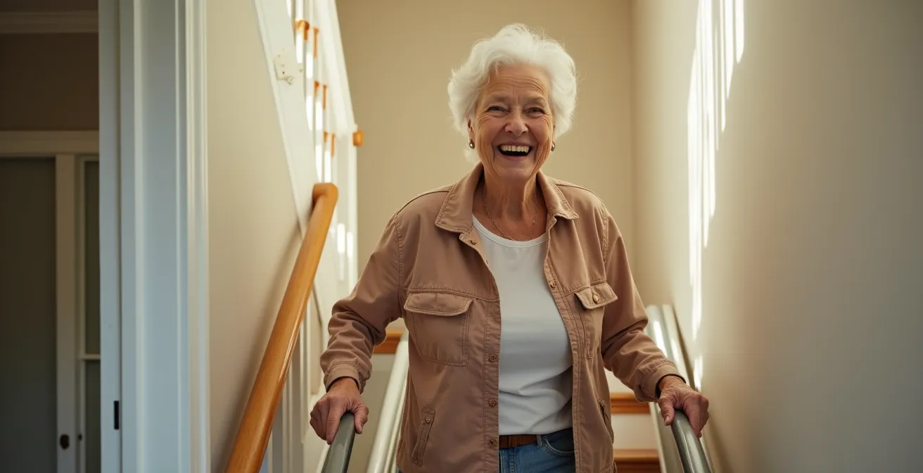 Personne âgée souriante, profitant de la liberté de monter l'escalier sans effort