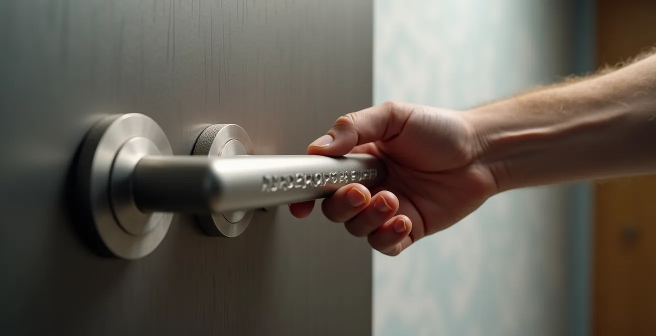Détail macro d'une poignée de porte ergonomique adaptée aux seniors