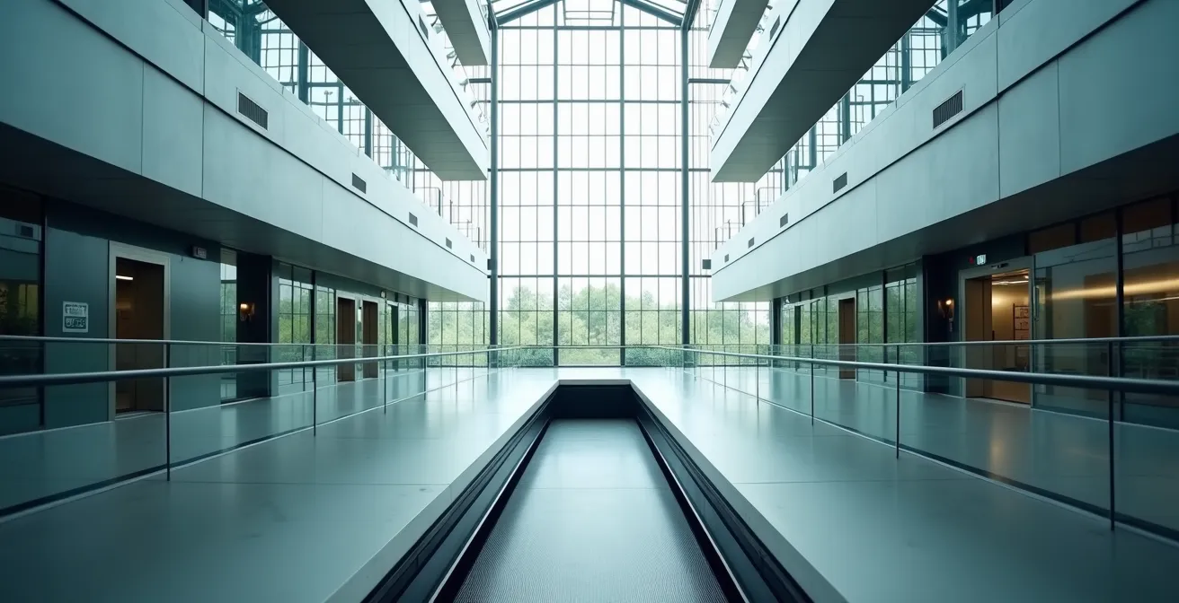 Vue d'ensemble d'une plateforme élévatrice intégrée dans un espace architectural moderne avec verrière