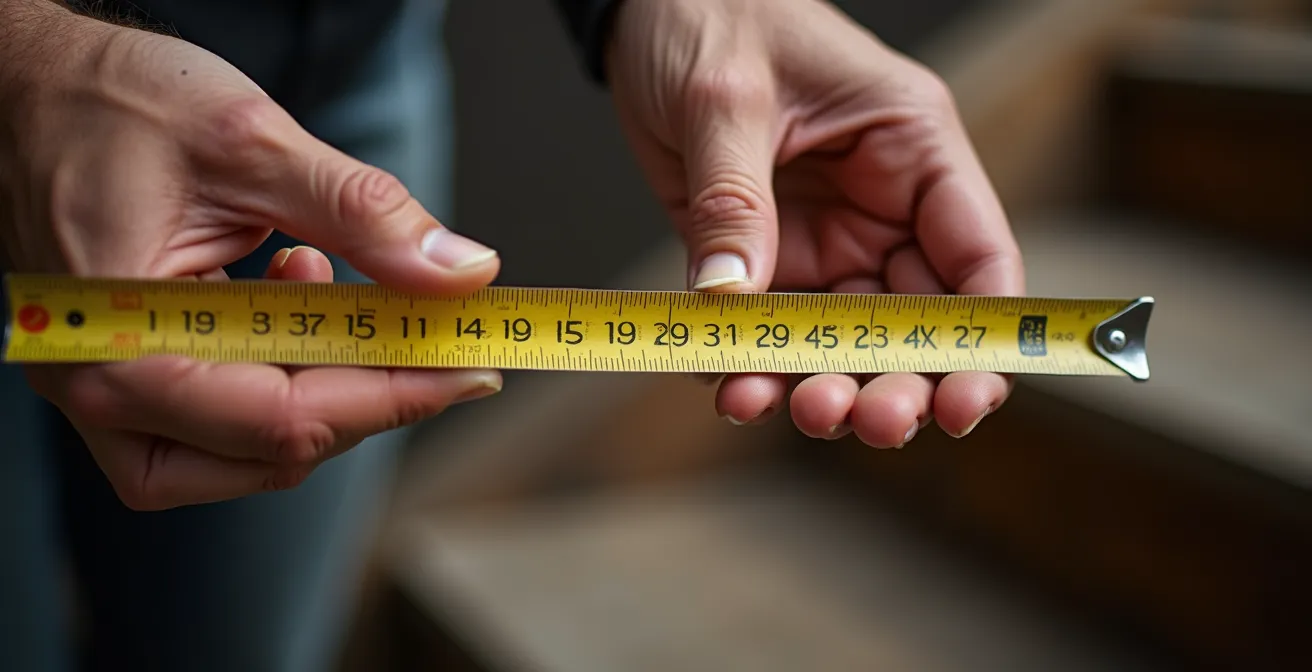 Gros plan sur des mains tenant un mètre ruban mesurant la largeur d'un escalier en bois