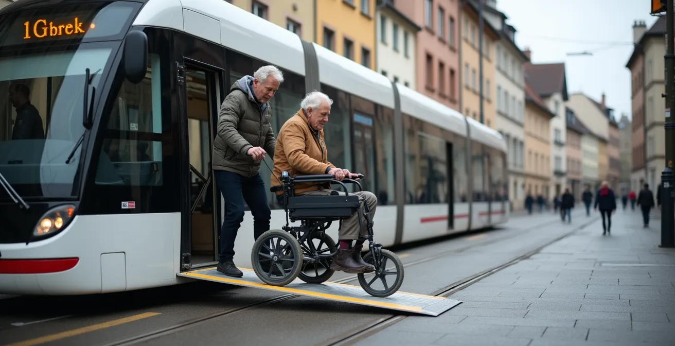Vue d'ensemble d'un tramway strasbourgeois accessible avec rampe déployée