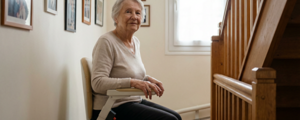 Femme senior utilisant un monte-escalier dans sa maison pour préserver son autonomie à domicile