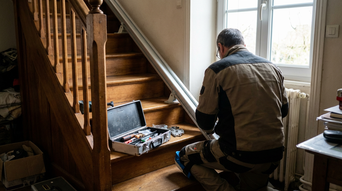 Technicien installant un rail de monte-escalier sur un escalier en bois