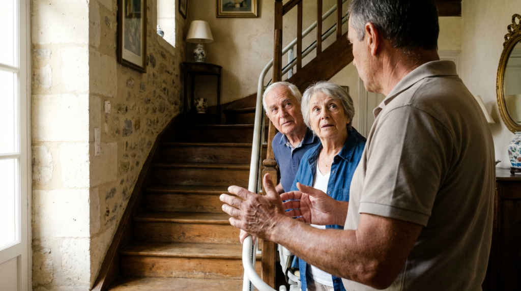 Conseiller accessibilité expliquant le fonctionnement d'un monte-escalier à un couple de seniors